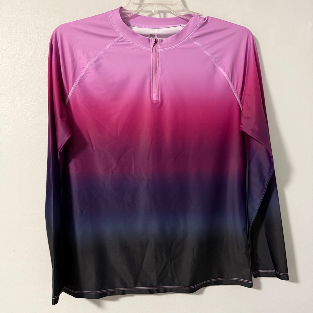KPSUN Womens Ombre Rash Guard Long Sleeve Quarter Zip Swim Top Pink Purple L